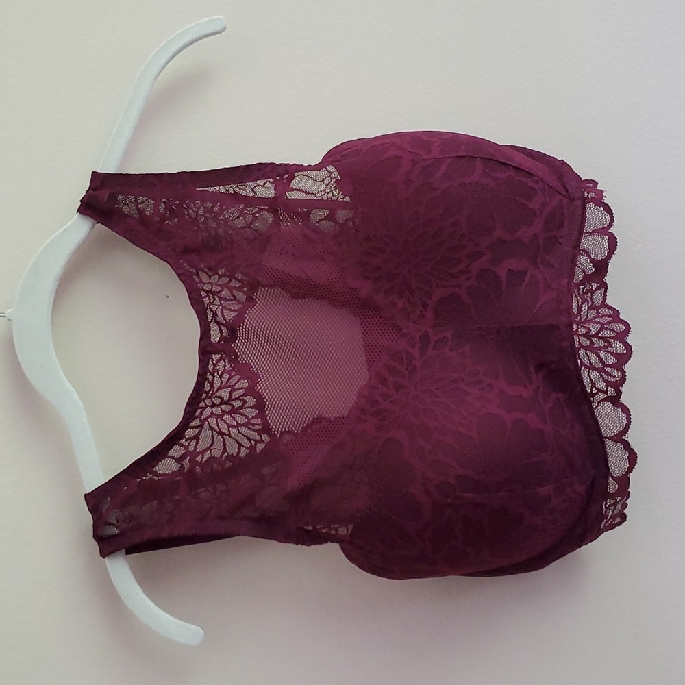 VS PINK Victoria Secret High Neck Lace Push-up Sheer Bralette Burgundy Sz M- DD